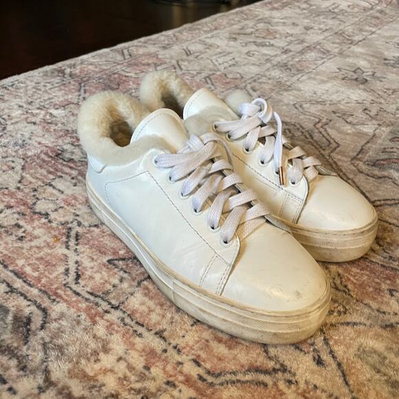 Maje White Leather Platform Sneakers Sheepskin Lined Shoes EU 38 Preppy GUC - Picture 2 of 10